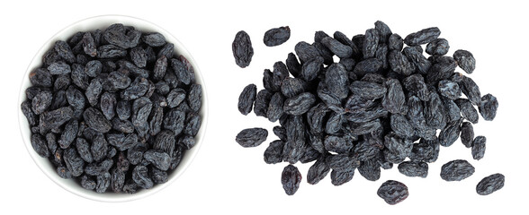 Obraz premium black raisins in ceramic bowl isolated on white background. Top view. Flat lay