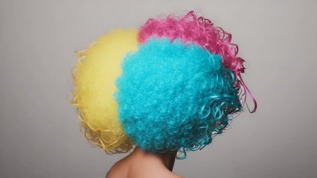 Turning on cue model rotating head in portrait studio, showcasing tricolor wig with bare shoulders