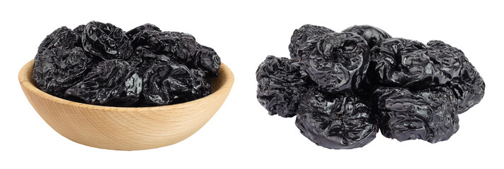 Prunes in wooden bowl isolated on white background, heap of dried plums