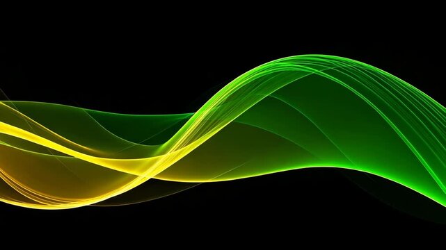 Vibrant green and yellow abstract light waves flowing smoothly across a dark black background in a digital animation