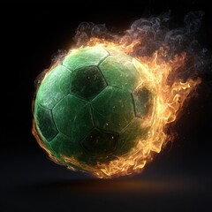 Fototapeta premium Green soccer ball engulfed in flames against a black background