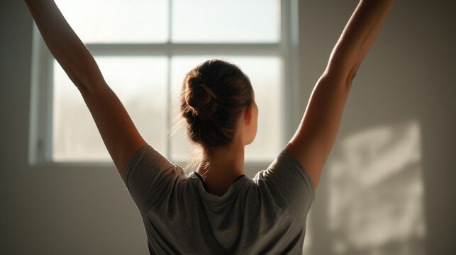 Person from behind with raised arms facing window, light on skin, conveying somatic therapy, body awareness, breath and movement for trauma release.