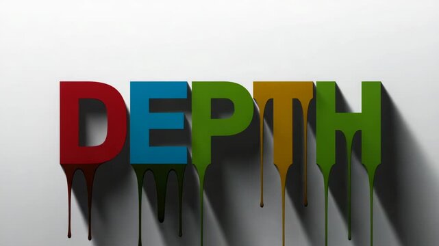 Animating word DEPTH morphing type into drips and cast shadows on white canvas, adding depth