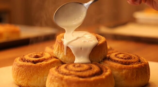 delicious and freshly baked cinnamon rolls being drizzled with creamy icing
