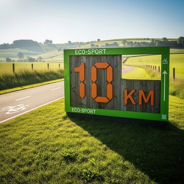 Eco-Sport Roadside Sign Indicating A 10km Cycle Path Distance Marker Against Scenic Rolling Hills