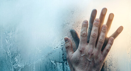Human hands touch shows connection and separation through frosted glass condensation, expressing grief and longing at the window
