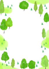 Watercolor forest frame background with green trees and copy space
