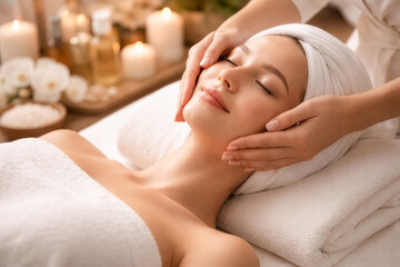 アロマキャンドルの灯りに包まれた上質スパでフェイシャルマッサージを受ける女性、リラクゼーションと美容ケアを象徴するエステ・サロン向けの高品質ビューティー素材