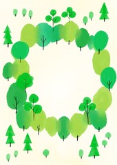 Round woodland frame background with watercolor trees