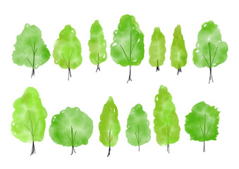 Watercolor tree collection, green forest trees illustration set
