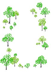 Watercolor forest frame with hand drawn trees and copy space