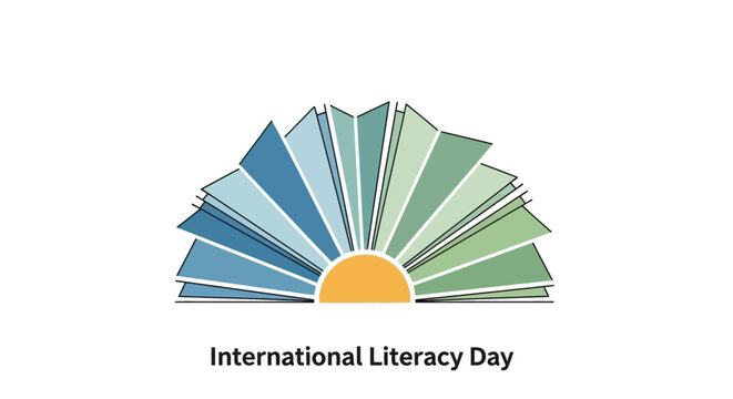 International Literacy Day logo with colorful books and sunrise symbol.