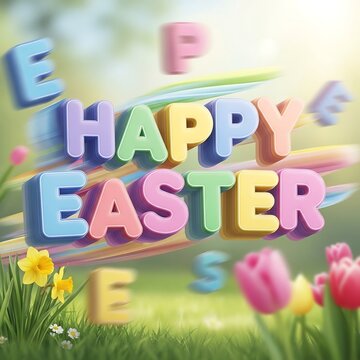 Vibrant Easter greeting with colorful letters in a sunny garden