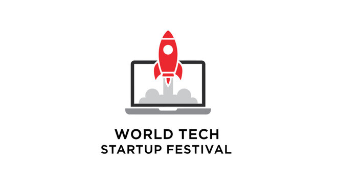 World Tech Startup Festival logo with red rocket on laptop screen.