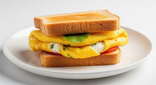 A generous and appealing homemade omelette sandwich resting on a simple plate, featuring golden toasted bread and fluffy folded eggs, culinary, appetizing, healthy