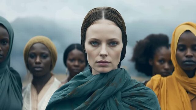 Women gather in a cloudy setting wearing colorful scarves. Their serious expressions tell a story of strength and resilience as they stand united in this captivating moment.