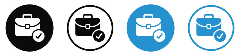 Obraz premium Professional briefcase icon with a checkmark symbol. Illustrates successful job completion, approved applications, verified work, or finished business tasks. Modern outline and solid styles.
