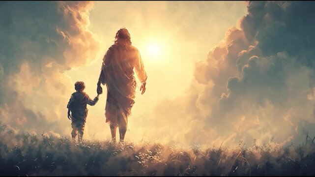 Heavenly Painting of Jesus Walking Hand-in-Hand with a Child Toward Glowing Sunrise Through Clouds