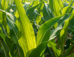 Obraz premium Bright green corn leaves catching sunlight