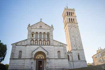 Obraz premium Pula Church of Our Lady of the Sea historic neo Romanesque building facade and bell tower view from below. 