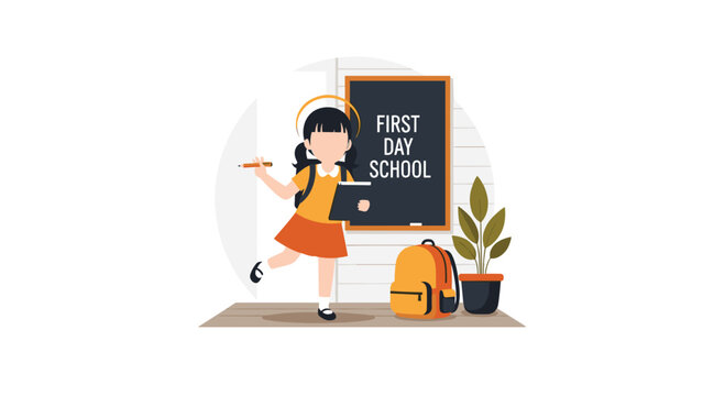A cheerful young girl with a backpack is skipping towards a blackboard on her first day of school.