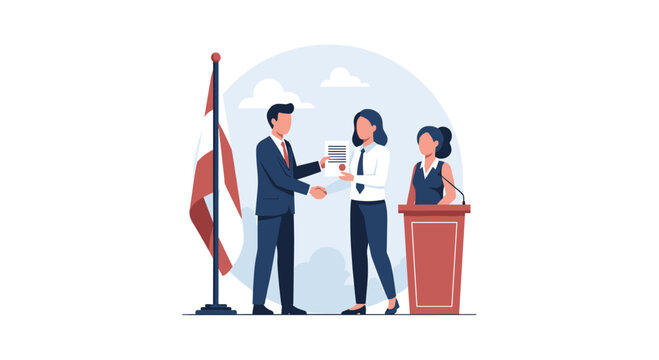 A man in a suit is shaking hands with a woman receiving a certificate in front of a flag and a podium.
