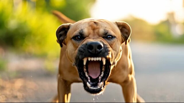 An aggressive dog barks fiercely in a natural outdoor setting.