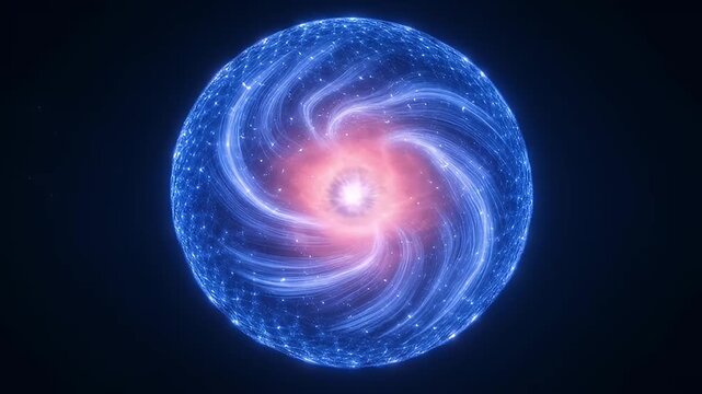 Vivid digital abstract of a glowing sphere with spiraling blue energy