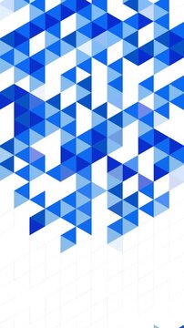 Abstract featuring shades of blue and white equilateral triangles in a crystalline pattern on a white background. Geometric loop animation with mosaic triangles. Vertical video.