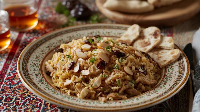 Camera pushing in, ceramic bowl rice pilaf revealing almond highlights, herbs, pita and tea