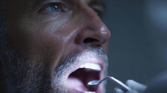 Close-up of a man's mouth, with his mouth open wide, as if he is about to take a bite out of a dental tool. the man has a beard and mustache, and his eyes are focused on the tool in his hand.