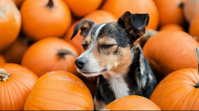 A dog among vibrant pumpkins, capturing autumn's cozy charm.