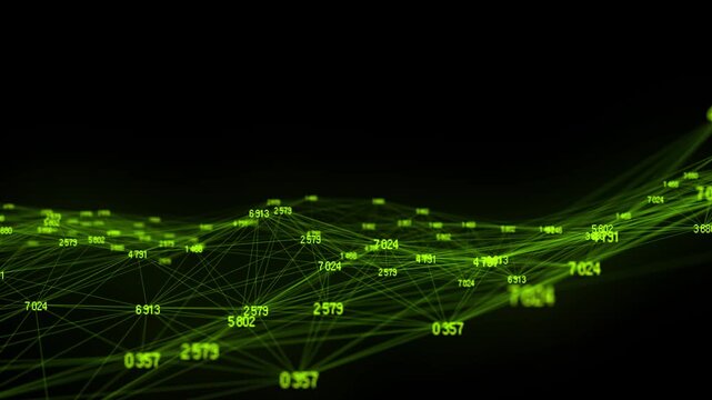 Block chain technology concept. Big data visualization. Artificial intelligence. Green network connection structure. Abstract digital background with matrix. 3d rendering.
