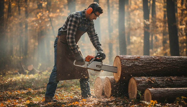 Hardworking forester wearing protective equipment works with a professional chainsaw among the tall trees. 