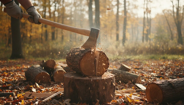 Man splitting firewood using a sharp axe on a wooden stump outdoor.  Woodcutter chopping a log with splinters and sawdust flying around in beautiful autumn light