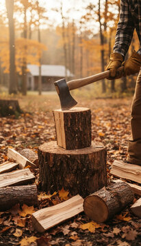 Close up of strong hands holding an axe and chopping wood for winter heating preparation. Active physical labor of woodcutter splitting wood logs with traditional axe tool in the countryside