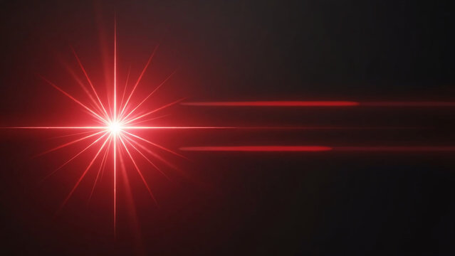 A sharp red point of light flares at center, sending two parallel horizontal beams across the darkness as crisp star‑shaped diffraction rays radiate outward in a focused pattern.
