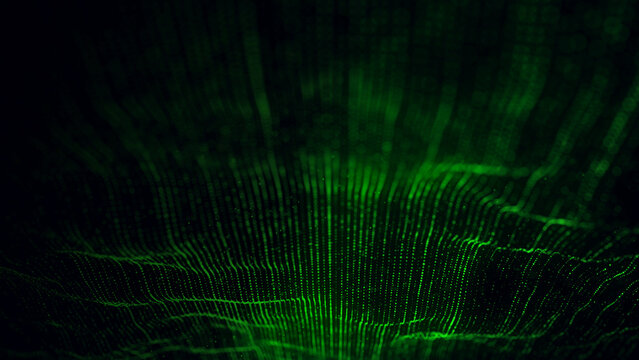 Green wave of particles and lines. Big data visualization. Abstract background with a dynamic wave. 3d rendering.