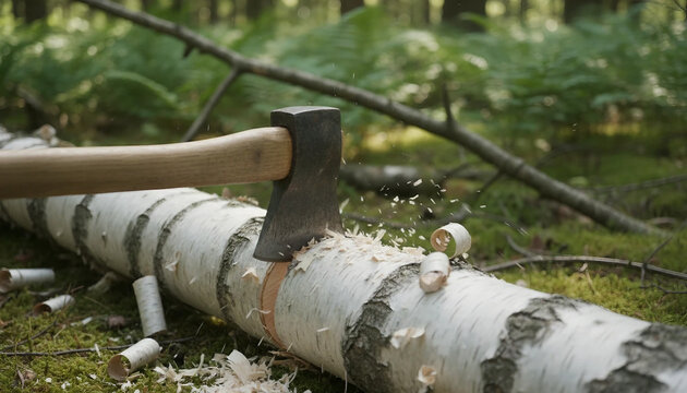 Close up of a heavy steel axe splitting a wooden log with fresh splinters flying in the forest. Professional lumberjack performing hard manual labor to harvest natural eco friendly biomass fuel in woo