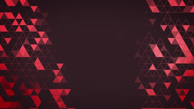 Abstract background with dark red and black triangles forming a border around a dark empty center for text. Geometric loop animation with copy space.