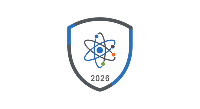 Atomic structure logo emblem with shield and year 2026.