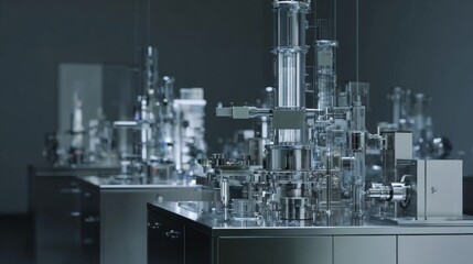 Laboratory setup with multiple laboratory equipment. in the center of the image, there is a large, cylindrical machine with multiple pipes and tubes attached to it.