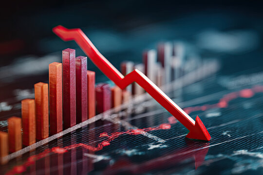 Financial crisis down, red arrow economy business graph on money crash market background with bankruptcy decrease bad finance chart diagram or loss investment economic recession