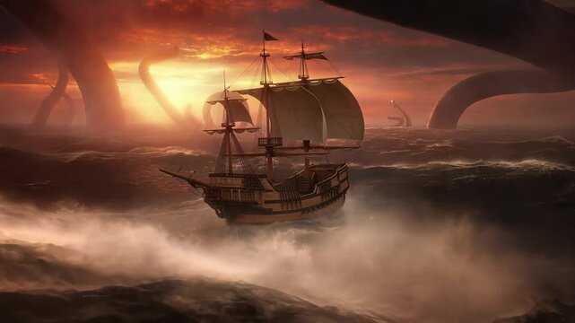 A majestic sailing ship navigating through a stormy sea at sunset.