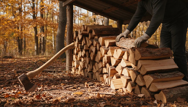 Lumberjack hands in protective gloves stacking natural wooden logs for eco friendly fireplace heating. 