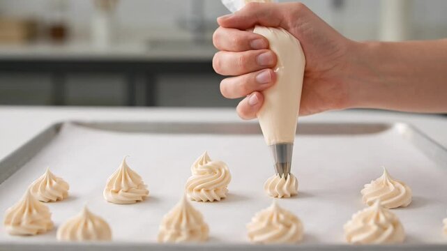 Closeup of a baker piping meringue cookies onto a baking sheet
