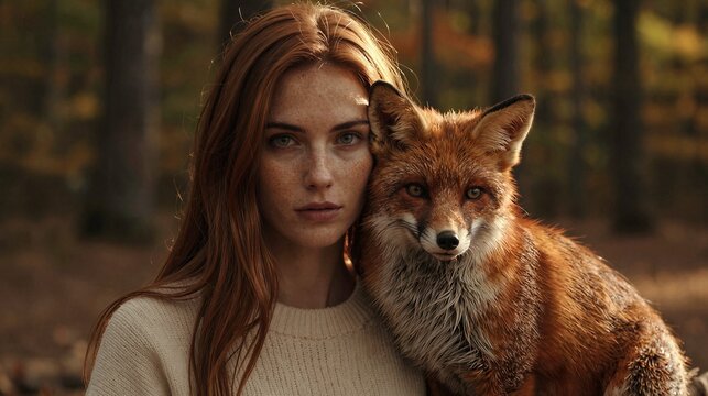 A woman with fiery red hair and a vibrant red fox sit together in a serene forest glade at dawn's soft light, surrounded by the gentle rustle of leaves and the quiet majesty of