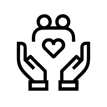 Two hands holding a heart icon above two people figures, signifying love, care for couples or family, and relationships. Vector art.