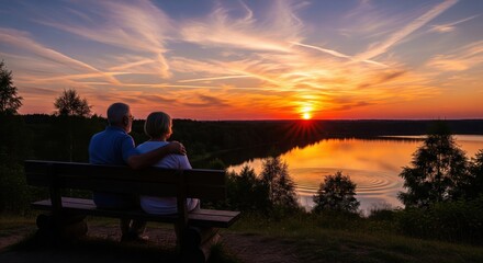 Obraz premium Couple watching a beautiful sunset over a lake from a scenic viewpoint, symbolizing love and companionship