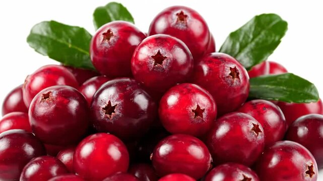 Fresh Red Cranberries Close-Up with Green Leaves